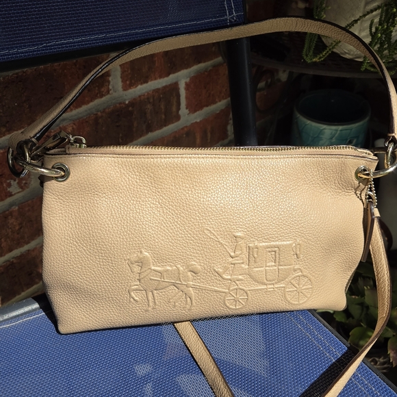 Coach Charley Embossed Horse and Carriage Pebbled Leather Crossbody TAN - Picture 2 of 14